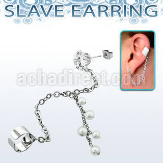 erzdld1 316l steel ear stud w prong cz dangling pearl chain
