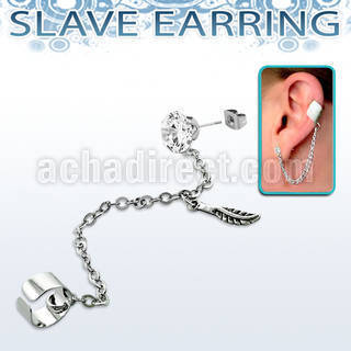 erzdld9 steel slave ear stud w prong cz w dangling feather