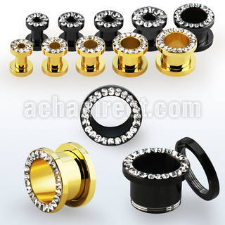 ftscpcr pvd steel flesh tunnel w crystal studded rim w resin
