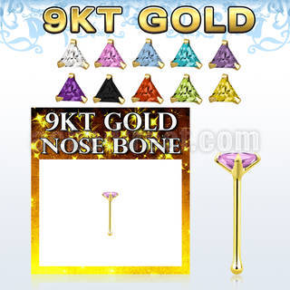 g9nbtm1 9kt gold nose bone 22g w 3mm prong set triangle cz
