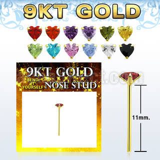 g9yzhm1 9kt gold bend it nose stud 22g w 3mm prong set heart cz