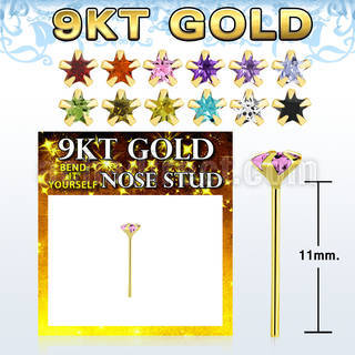g9yzsm1 9kt gold bend it nose stud 22g w 3mm prong set star cz