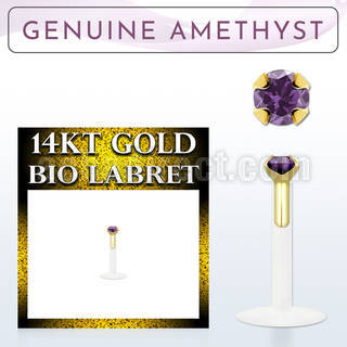 gbige1 bioflex labret with push in 14kt gold w prong amethyst