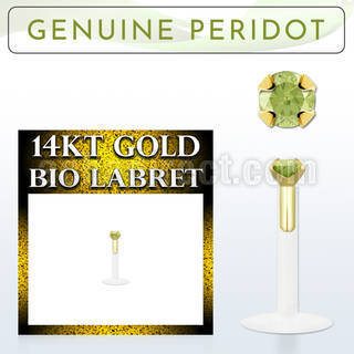 gbige4 bioflex labret with push in 14kt gold w prong peridot