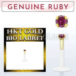 gbige5 bioflex labret with push in 14kt gold w prong set ruby