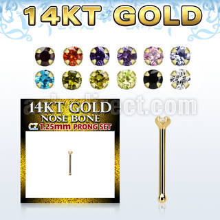 gbzm12 14kt gold nose bone w 1.25mm round color cz stone