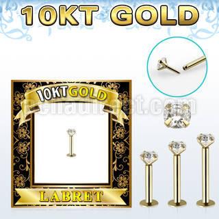 gilbz solid 10k gold labret w thread less push in top w cz