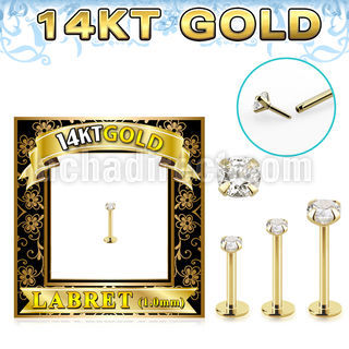 glbzx 14k gold labret round clear cz push pin prong