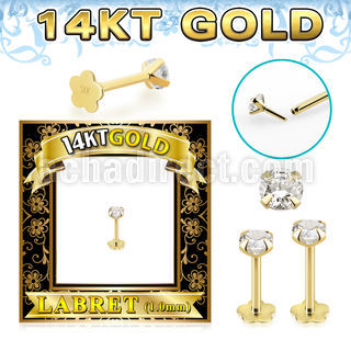 glfzx 14k gold labret round clear cz push pin prong flower
