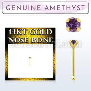 gnbge1 14kt gold nose bone with a 2mm prong set amethyst