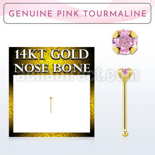 gnbge3 14kt gold nose bone with a 2mm prong set pink tourmaline