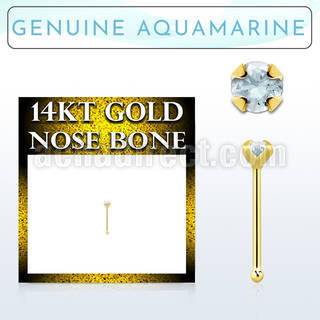 gnbge8 14kt gold nose bone with a 2mm prong set aquamarine