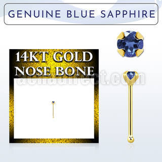 gnbge9 14kt gold nose bone with a 2mm prong set blue sapphire