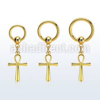 gold steel ball closure ring 14g w a dangling ankh cross 