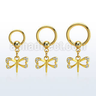 gold steel ball closure ring 14g w dangling dragonfly
