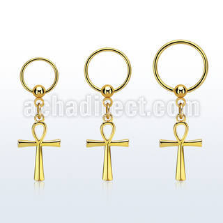 gold steel ball closure ring 16g w a dangling ankh cross 