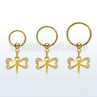 gold steel ball closure ring 16g w dangling dragonfly