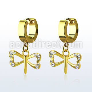 gold steel earrings w small dangling crystal dragonfly