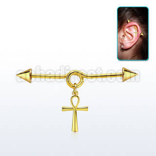 gold steel industrial loop barbell w cone & ankh cross