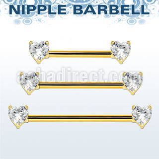 gold steel nipple barbell w prong set heart shaped czs