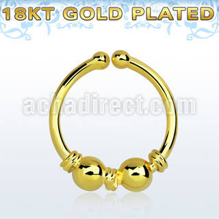 gpsep12l gold plated silver fake septum ring w 2 balls 3 wire