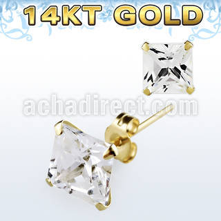 gzq6 pair of 14kt gold ear studs with 6mm prong set cz stone