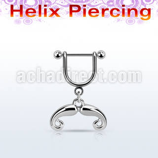 heud6 steel helix stirrup w dangling french mustache design