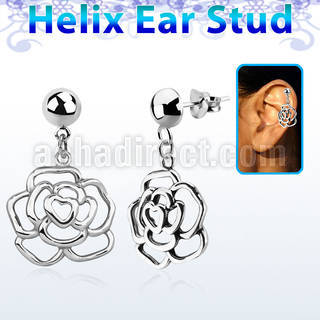 hexvd10 925 silver helix ear stud w dangling 925 silver rose