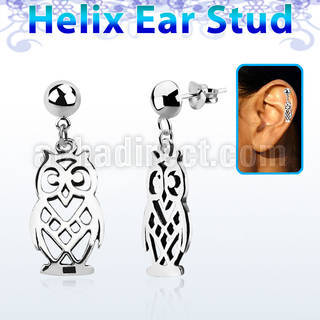 hexvd15 925 silver helix ear stud w dangling 925 silver owl