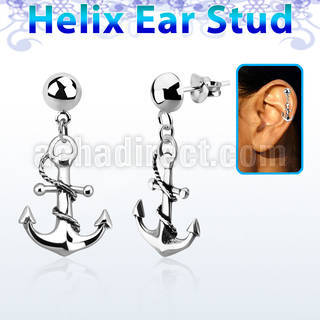 hexvd18 925 silver helix earstud w dangling anchor with rope