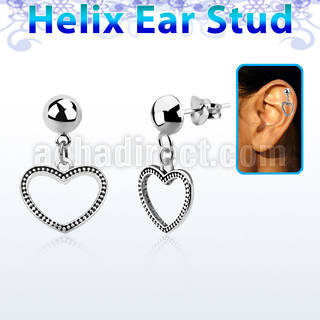 hexvd24 925 silver helix earstud w a heart shaped dangling