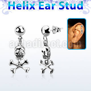 hexvd28 925 silver helix earstud w dangling skull w crossed bone