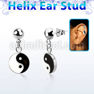 hexvd30 925 silver helix earstud w painted ying yang symbol