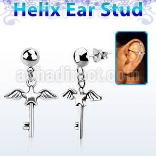 hexvd3 925 silver helix ear stud w dangling star key with wings