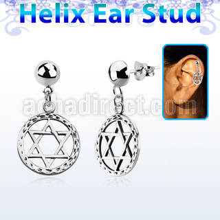 hexvd6 925 silver helix ear stud w dangling david star symbol