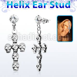 hexzd11 925 silver helix earstud w silver cross formed by skulls