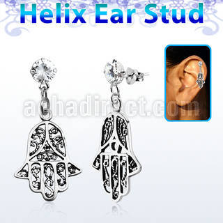 hexzd14 925 silver helix earstud w cz dangling 925 silver hamsa