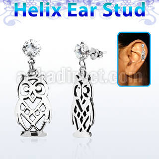 hexzd15 925 silver helix earstud w cz dangling 925 silver owl