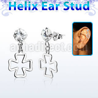 hexzd19 925 silver helix earstud w cz a cross dangling
