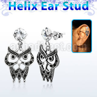 hexzd21 925 silver helix earstud w cz a owl dangling