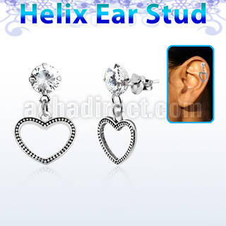 hexzd24 925 silver helix earstud w cz a heart shaped dangling