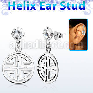 hexzd26 925 silver helix earstud w cz a chiness word dangling