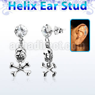 hexzd28 925 silver helix earstud w cz skull with crossed bone