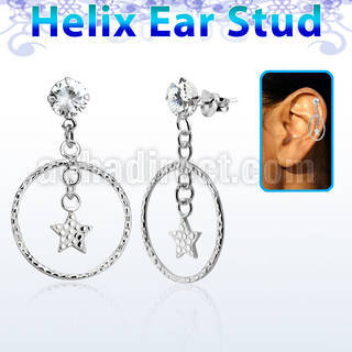hexzd33 925 silver helix earstud w cz star in circle dangling