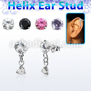 hexzd40 silver helix ear stud w dangling 3mm heart prongset cz 