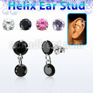 hexzd41 silver helix ear stud w dangling 5mm round prongset cz 