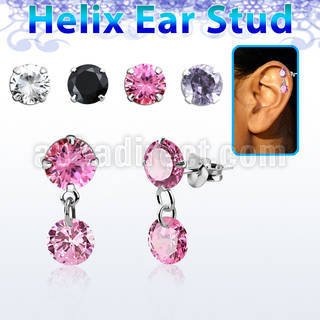 hexzd42 silver helix ear stud w dangling 6mm round prongset cz 