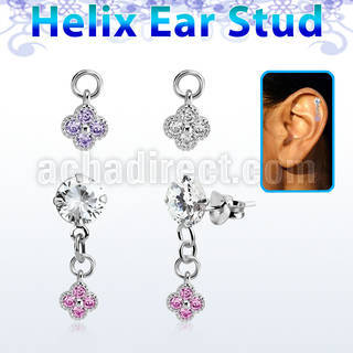 hexzd43 silver helix ear stud w dangling flower w cz 