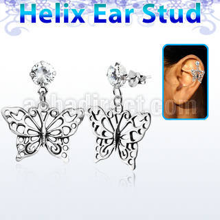 hexzd5 925 silver helix earstud w cz dangling silver butterfly