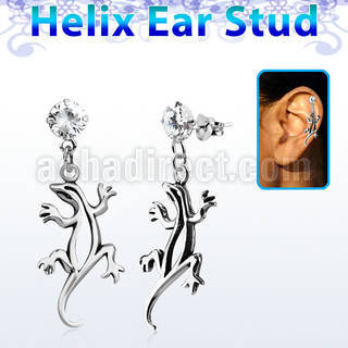 hexzd9 925 silver helix earstud w cz dangling 925 silver lizard